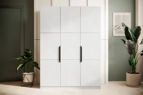 Dulap Asha 150 cm cu mânere metalice - alb mat / negru mânere