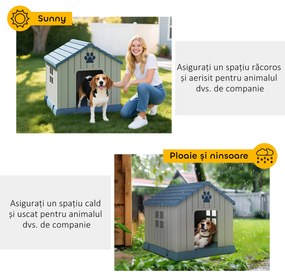 PawHut Căsuță pentru Câini din Plastic pentru Exterior, Impermeabilă, pentru Câini de Talie Medie cu Bază Ridicată, Ferestre și Acoperiș pentru Grădină, Patio, Terasă, Casă și Interior, 85x79x82 cm, Gri | Aosom Romania