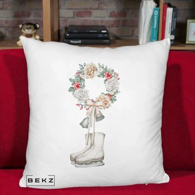 Perna Decorativa Patine cu Coroana Florala de Craciun, 40x40 cm, Alb Pufos, Husa Detasabila, Perna Inclusa, BEKZ®