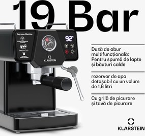Klarstein Libeica aparat de cafea| 1350 W, 19 bar, control tactil, oțel inoxidabil, Indicator de presiune și temperatură