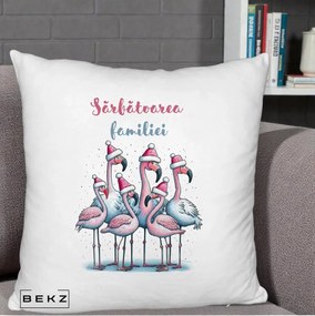 Perna Decorativa Flamingo Craciun Sarbatoarea Familiei, 40x40 cm, Alb Pufos, Husa Detasabila, Perna Inclusa, BEKZ®