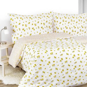 Goldea lenjerie de pat creponată - flori galbene și floricele pe alb 140 x 200 și 50 x 70 cm