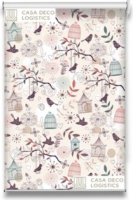 Roletă textilă Floral 8005 crem cu păsări și colivii decorative