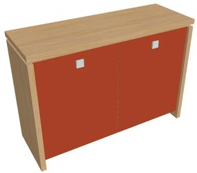 Dulap mic Verno 128 x 46 x 90 cm, uși de sticlă, stejar deschis / portocaliu