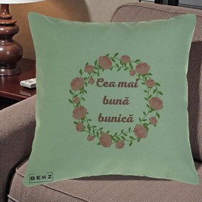 Cadou pentru Bunica - Perna Personalizata Cea Mai Buna Bunica Coronita Trandafiri Roz Clasic, 40x40 cm, Verde, Husa Detasabila, Perna Inclusa, BEKZ®