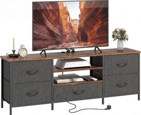 HOMCOM Comodă TV 140 cm, suport TV 165,1 cm, stație de încărcare, 5 sertare din material textil, rafturi deschise, 140x30x50cm, maro | Aosom Romania