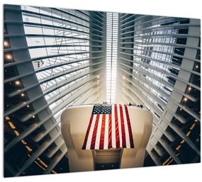 Tablou  unei construcții cu steagul SUA (70x50 cm), în 40 de alte dimensiuni noi