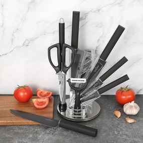 Set de cutite cu suport Swiss Haus SH-KSL9B, 9 piese, Manere antiderapante, Otel inoxidabil, Negru