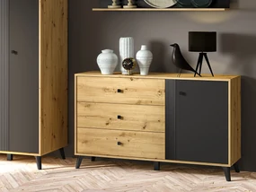 Comoda cu 3 sertare si 1 usa, stejar artisan negru, 138x83x40 cm, modern ,model pe mijloc usa, picioare negre , pentru living , dormitor, hol stejar