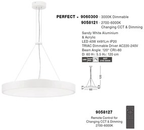 Lustra LED suspendata design circular PERFECT 60cm alba 3000K Dimmable