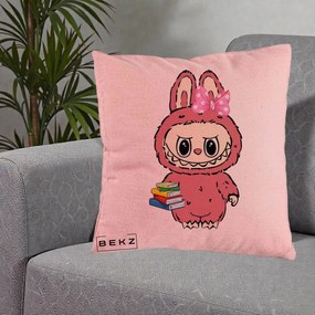 Perna Personalizata Labubu Roz cu Funda si Carti, 40x40 cm, Roz, Husa Detasabila, Perna Inclusa, BEKZ®