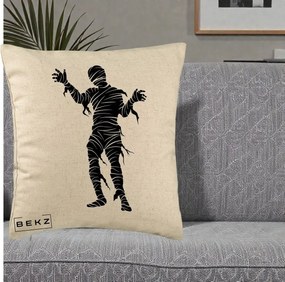 Perna Decorativa Mormii Infricosat Silueta Neagra Halloween, 40x40 cm, Bej, Husa Detasabila, Perna Inclusa, BEKZ®
