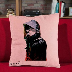 Perna Personalizata Tokyo Ghoul Ken Kaneki cu Masca si Gluga, 40x40 cm, Roz, Husa Detasabila, Perna Inclusa, BEKZ®