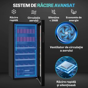 HOMCOM Vitrină Frigorifică pentru Vinuri 20 Sticle 92L, Temperatura Reglabilă 5-18℃, Frigider Vinuri Silențios cu Sticlă Anti-UV, Rafturi, Compresor, Display Touch și LED, Clasa G | Aosom Romania