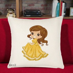 Perna Decorativa Printesa Bella Rochie Aurie, 40x40 cm, Crem Reliefat, Husa Detasabila, Perna Inclusa, BEKZ®