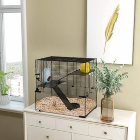 PawHut Cușcă pentru Hamsteri, Gerbili și Animale Mici din Fir de Otel și Sticlă cu Rotiță, 60x40x57 cm, Negru | Aosom Romania