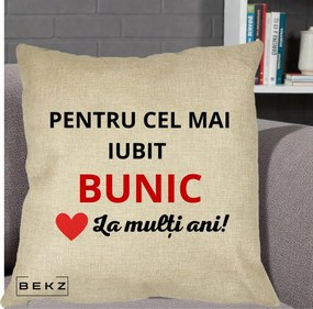 Cadou pentru Bunic - Perna Personalizata Pentru Cel Mai Iubit Bunic La Multi Ani Rosu, 40x40 cm, Crem, Husa Detasabila, Perna Inclusa, BEKZ®
