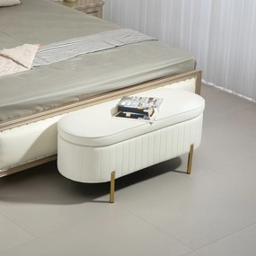 HOMCOM Bancă de Depozitare de Intrare Ovală 72L, Design Canelat cu Capac Rabatabil și Scaun Capitonat, Bancă de la Capătul Patului, Pouf, în Velur și cu Picioare din Lemn de Pin, 108x44x43.5 cm, Crem | Aosom Romania