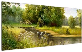 Tablou - Râu lângă pădure, pictură în ulei (120x50 cm)