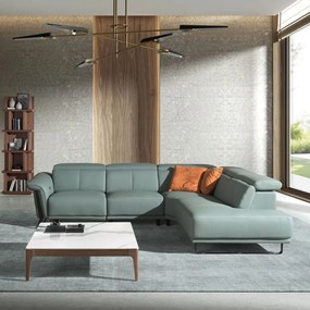 Coltar LUX design italian cu sezlong dreapta si functia relax Cowhide verde turcoaz