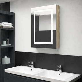 Dulap de baie cu oglinda si LED, alb si stejar, 50x13x70 cm alb si stejar