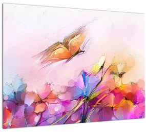 Tablou pe sticlă - Fluture asupra florilor, abstracție (70x50 cm)