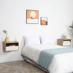 HOMCOM Set de 2 Noptiere Suspendate din Lemn, Design Modern cu Sertar și Raft, Alb și Lemn, 45x35x27.5cm | Aosom Romania