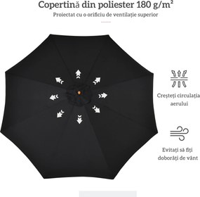 Outsunny Umbrelă de Grădină 3 m cu Stâlp din Lemn, 8 Spițe și Acoperire din Poliester, Neagră | Aosom Romania