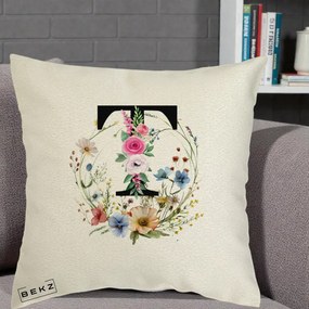 Cadou Personalizat - Perna Personalizata Monogram Litera T cu Flori Acuarela, 40x40 cm, Ecru, Husa Detasabila, Perna Inclusa, BEKZ®