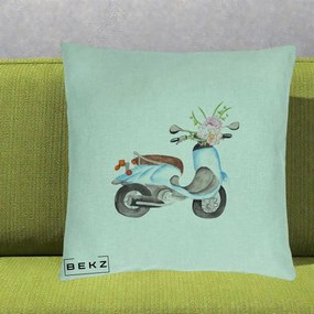Perna Decorativa Scuter Albastru cu Flori Acuarela, 40x40 cm, Verde Menta, Husa Detasabila, Perna Inclusa, BEKZ®
