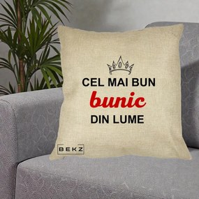 Cadou pentru Bunic - Perna Personalizata Cel Mai Bun Bunic Din Lume Coroana Rosu, 40x40 cm, Crem, Husa Detasabila, Perna Inclusa, BEKZ®