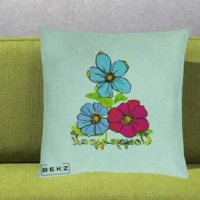 Perna Decorativa Trei Flori Grafice Pop Art, 40x40 cm, Verde Menta, Husa Detasabila, Perna Inclusa, BEKZ®