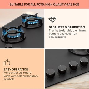 Klarstein Firetale, plită cu gaz, 4 arzătoare, arzătoare din aluminiu, inclusiv furtun și reductor de presiune