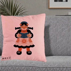Perna Personalizata Fetita cu Carte Ilustratie Folk, 40x40 cm, Roz, Husa Detasabila, Perna Inclusa, BEKZ®