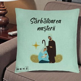 Perna Decorativa Nasterea Domnului Sfanta Familie Sarbatoarea Nasterii, 40x40 cm, Verde Menta, Husa Detasabila, Perna Inclusa, BEKZ®