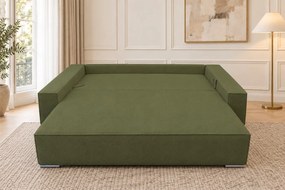 Canapea extensibilă Perla din boucle, kaki, cu ladă de depozitare