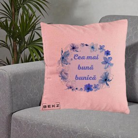 Cadou pentru Bunica - Perna Personalizata Cea Mai Buna Bunica Coronita Flori Albastre Acuarela, 40x40 cm, Roz, Husa Detasabila, Perna Inclusa, BEKZ®