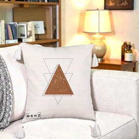 Perna Decorativa Geometric Triunghiuri Sacred, 40x40 cm, Bej cu Franjuri, Husa Detasabila, Perna Inclusa, BEKZ®