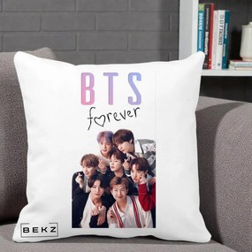 Perna Personalizata K-pop BTS Forever cu Foto Grup Negru, 40x40 cm, Alba Mata, Husa Detasabila, Perna Inclusa, BEKZ®