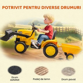 AIYAPLAY Excavator Electric pentru Copii 12V cu Cupă și Remorcă Detașabilă, Tractor Electric de Călărit cu 2 Motoare, Telecomandă, Conexiune Wireless, USB, Lumini și Muzică, 3-8 Ani, Galben | Aosom Romania