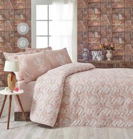Set cuvertura pat PURE, roz pudra, bumbac/poliester, 160x220 cm, cu fa