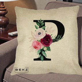 Cadou Personalizat - Perna Personalizata Monograma Florala Litera P, 40x40 cm, Crem, Husa Detasabila, Perna Inclusa, BEKZ®