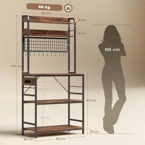 HOMCOM Raft de Bucătărie cu Prize și Rafturi Reglabile, Raft pentru Cuptor cu Microunde cu 5 Niveluri, Panou cu Grilaj și 10 Cârlige, Mobilier Vintage Structură din Oțel, 80x40x170 cm, Maro Rustic | Aosom Romania