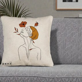 Perna Decorativa Portret Feminin Mac Privire Inalta, 40x40 cm, Bej Canapea, Husa Detasabila, Perna Inclusa, BEKZ®