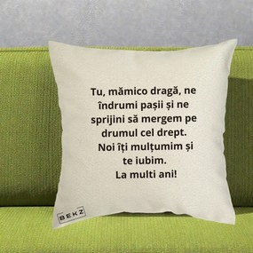 Cadou pentru Mama - Perna Personalizata Mamico Draga Te Iubim La Multi Ani cu Text Negru, 40x40 cm, Ecru, Husa Detasabila, Perna Inclusa, BEKZ®