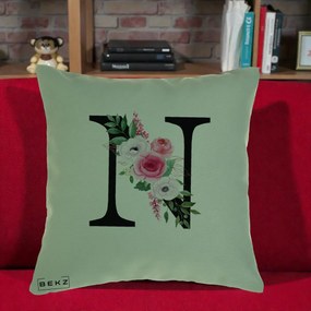 Cadou Personalizat - Perna Personalizata Monograma Florala Litera N, 40x40 cm, Verde, Husa Detasabila, Perna Inclusa, BEKZ®