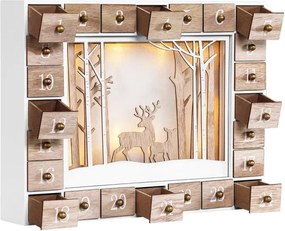 Calendar advent din lemn PĂDUREA DE IARNĂ cu iluminare, 35x6x27cm, alb/maro Spielwerk