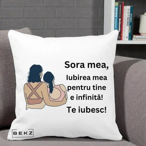 Cadou pentru Sora - Perna Personalizata Sora Mea Te Iubesc Doua Fete Fashioniste Line Art, 40x40 cm, Alba Mata, Husa Detasabila, Perna Inclusa, BEKZ®
