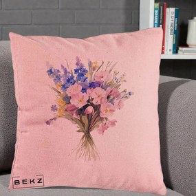 Perna Decorativa Buchet Floral Acuarela Primavara, 40x40 cm, Roz, Husa Detasabila, Perna Inclusa, BEKZ®