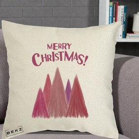 Perna Decorativa Merry Christmas Brazi Roz, 40x40 cm, Ecru, Husa Detasabila, Perna Inclusa, BEKZ®